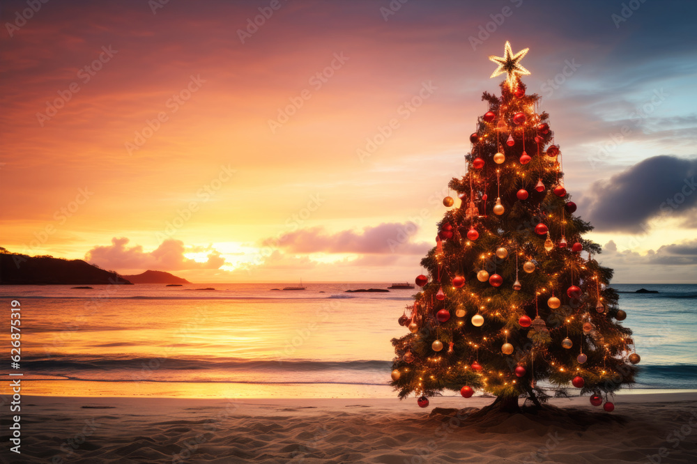 Christmas tree on tropical beach with ocean view at sunset Christmas tree on tropical beach with ocean view at sunset