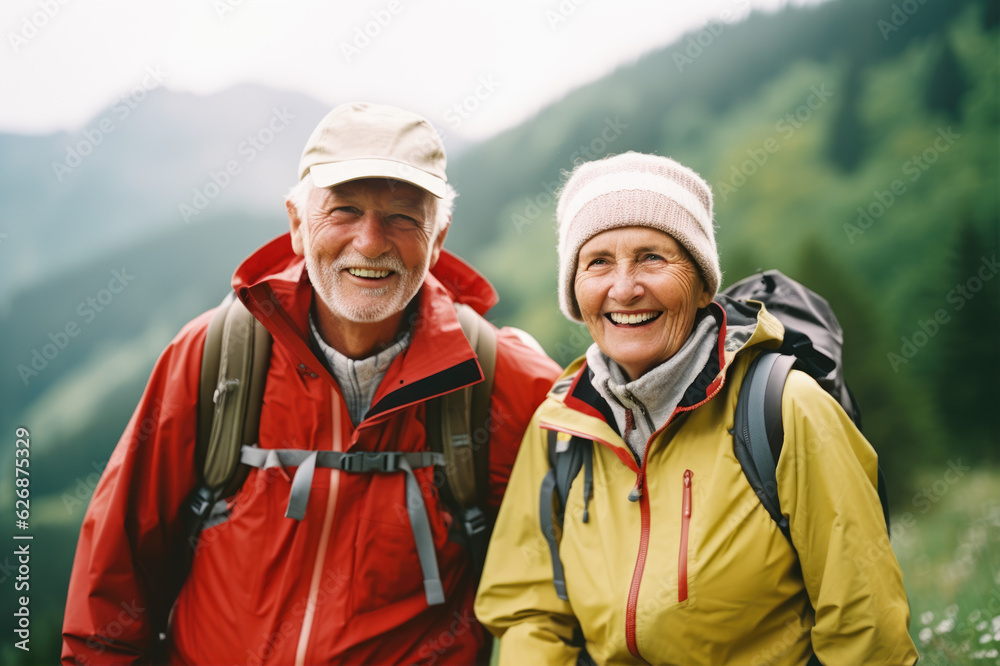 Happy senior couple trekking in mountains. Active elderly people