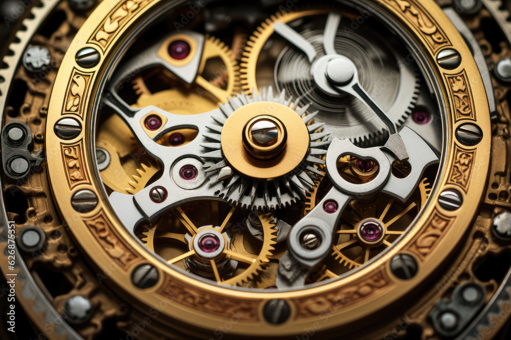 Elegant retro clockwork mechanism with cogs and gears close-up