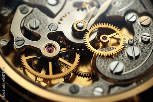 Elegant retro clockwork mechanism with cogs and gears close-up