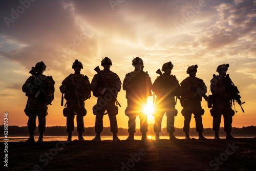 Special forces soldiers team on battle field at sunset