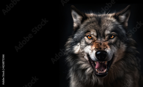 Angry grey wolf portrait on black with copy-space