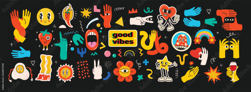 Fototapeta premium Groovy hippie love stickers set. Comic happy retro girls, geometric stickers, characters in trendy retro 60s 70s cartoon style. Vintage vector illustrations.