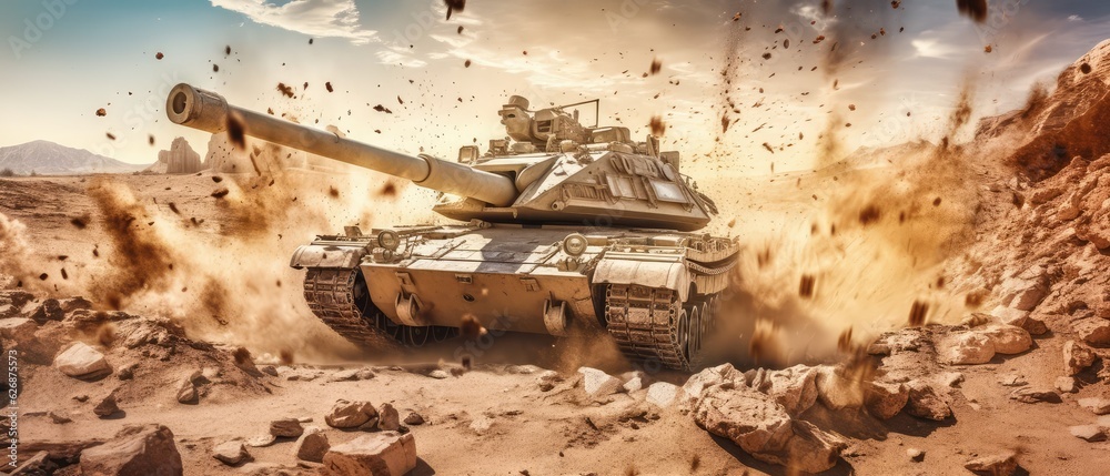 main battle tanks drive crosses in the desert,  Military or army special operation, Generative AI