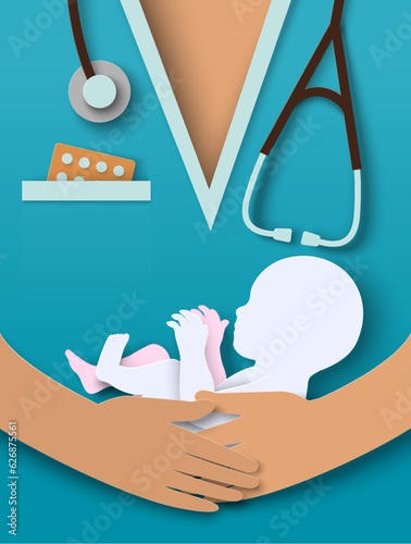 Obstetrics and gynecology background with newborn baby in hand of doctor