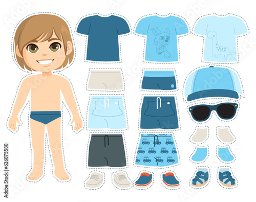 Vector illustration of cute small boy with fashionable clothes. Paper doll game outfit constructor