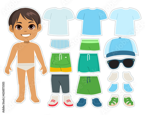 Vector illustration of cute happy smiling kid boy with fashionable clothes. Paper doll game outfit constructor