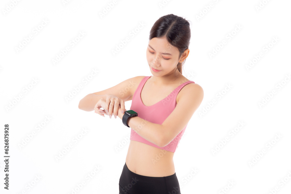 Happy young asian woman looking smartwatch for exercise and aerobics with cardio isolated on white background, female looking smart watch with wrist for pulse while workout with health, sport concept.