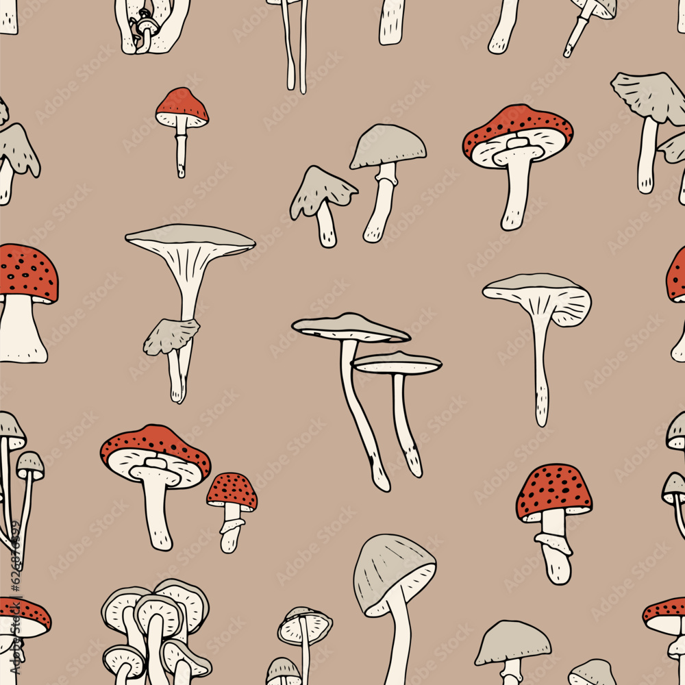 Mushrooms seamless pattern. Edible mushrooms and toadstools. Healthy food background. Autumn forest plants sketches for textiles, wallpaper, coloring, packaging Mushrooms seamless pattern. Edible mushrooms and toadstools. Healthy food background. Autumn forest plants sketches for textiles, wallpaper, coloring, packaging