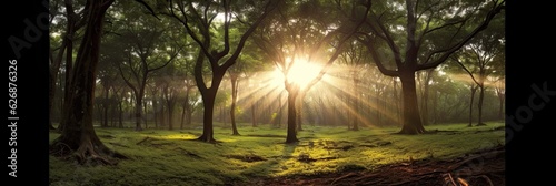 Sunbeams in the forest photo realistic illustration - Generative AI.