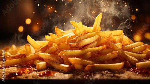 crispy french fries, crunchy, salty, tasty, with cinematic light and blur background