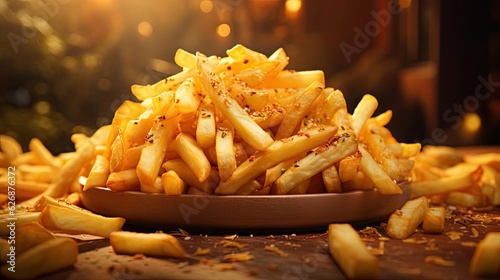 crispy french fries  crunchy  salty  tasty  with cinematic light and blur background