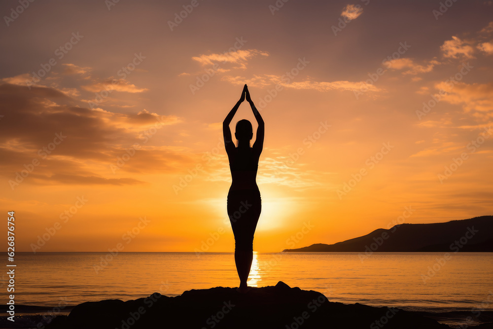 Silhouette of young sportive woman  practicing yoga at sunset. Generative ai