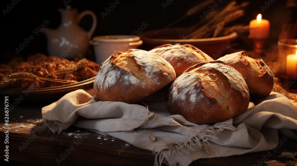 fluffy bread sprinkled with white sugar on a wooden table with blurred background