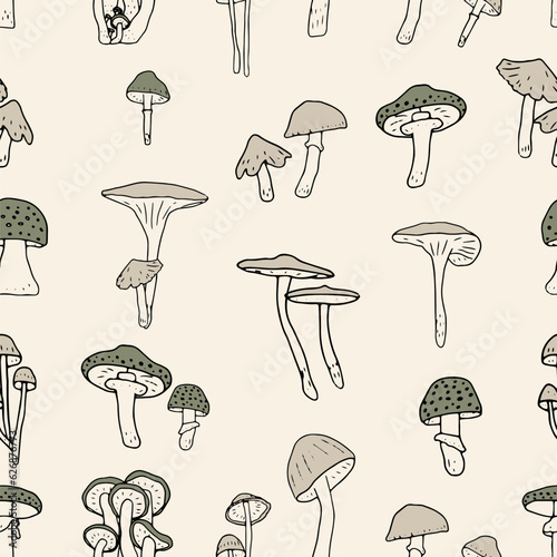 Mushrooms seamless pattern. Edible mushrooms and toadstools. Healthy food background. Autumn forest plants sketches for textiles, wallpaper, coloring, packaging