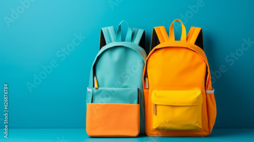 Two colorful backpack next to the blue wall background, with copy space, back to school photo