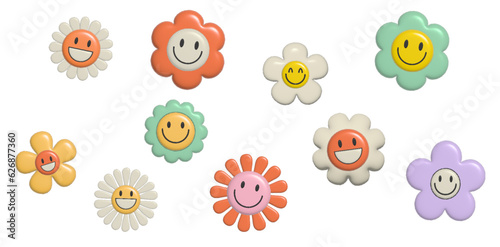 Cool trendy flowers with smile faces. Girly 3d daisy stickers, plasticine clay style. 3d rendering hippie illustration set isolated on transparent background