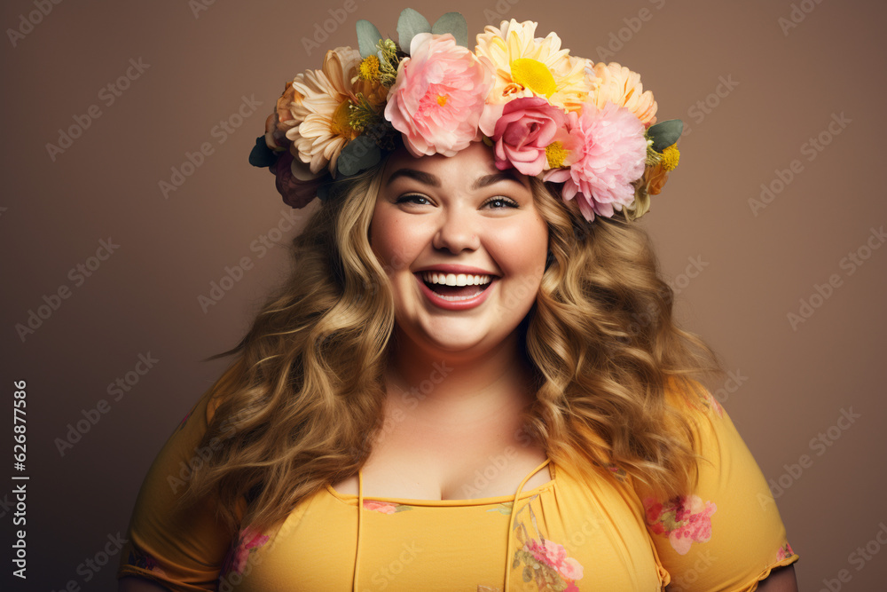 portrait of young plus sized woman wearing a flower croun in pastel clothes on a pastel background, studio shot