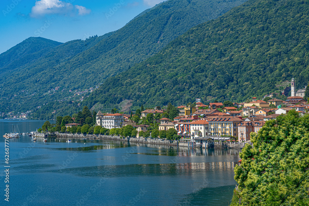 Cannero Riviera, Lake Maggiore. Panoramic view from the seafront of the old town. Piedmont, Italian Lakes, Italy, Europe