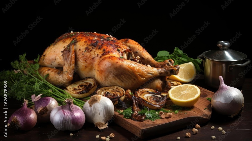 roasted chicken and garlic topped with greens and lemon on a wooden table with blur background roasted chicken and garlic topped with greens and lemon on a wooden table with blur background
