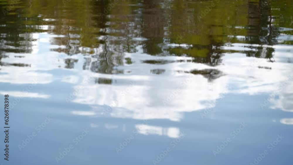 closeup of ripples on surface of water in river with reflection of clouds, sky and trees on summer day. clouds in sky are reflected in lake, movement waves on surface of water. sustainable environment closeup of ripples on surface of water in river with reflection of clouds, sky and trees on summer day. clouds in sky are reflected in lake, movement waves on surface of water. sustainable environment