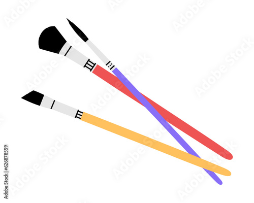 Hand drawn cute illustration of school paint brush. Angle, round and mop paintbrush. Flat vector stationery drawing tools in colored doodle style. Education sticker, icon. Back to school. Isolated.