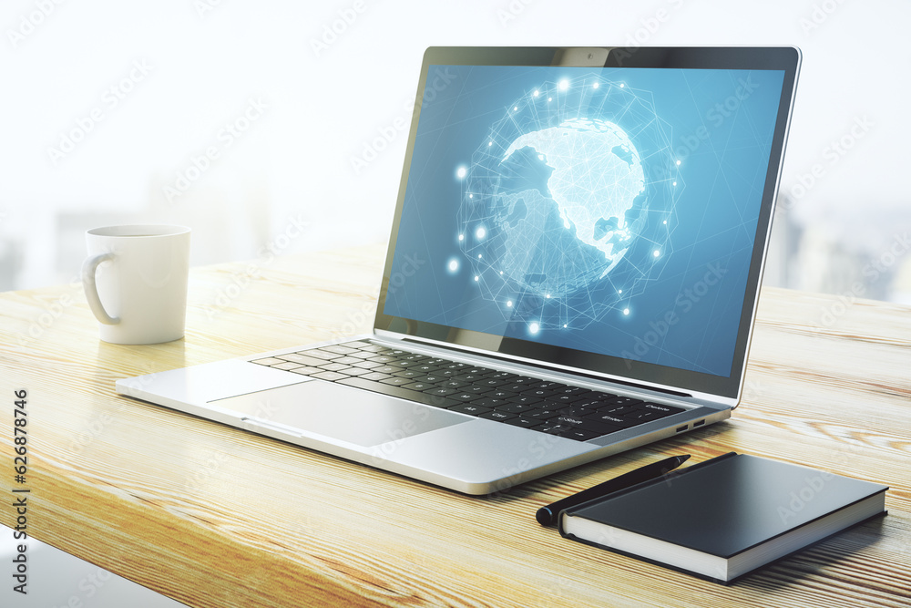 Fototapeta premium Digital America map on modern laptop screen, international trading concept. 3D Rendering