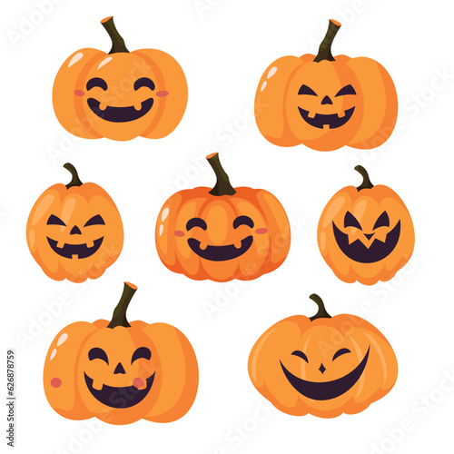 Halloween Vector Collection. Cute kind pumpkins for Halloween. Jack lantern with different laughing spooky faces. Vector illustration