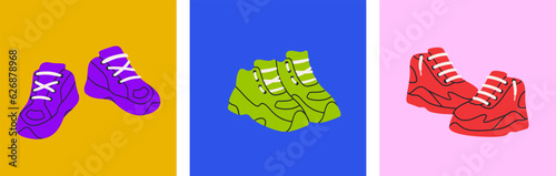 Chunky  sneakers. Platform trainers and bulky footwear. Dad shoes in bright neon colors.