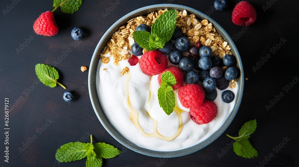 Healthy breakfast bowl with greek yogurt, oat granola and fruits. Weight loss, healthy lifestyle and eating concept. Generative AI Healthy breakfast bowl with greek yogurt, oat granola and fruits. Weight loss, healthy lifestyle and eating concept. Generative AI