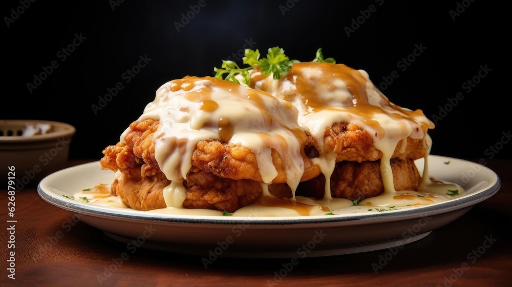 fried pork chops with melted mayonnaise on a plate, black background and blur fried pork chops with melted mayonnaise on a plate, black background and blur