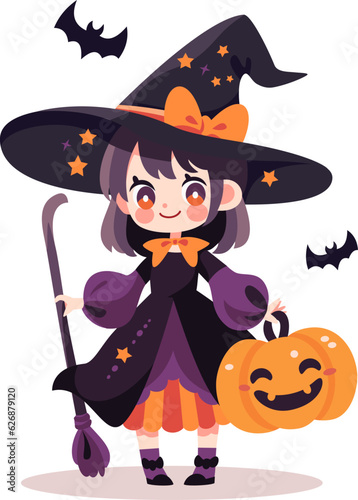 Cute vector illustration in cartoon style. A girl in a witch costume holding a broom and a pumpkin. Children's illustration for Halloween holiday . Vector illustration