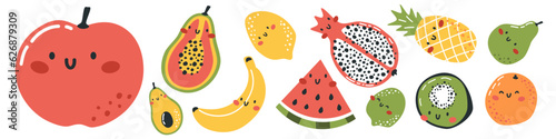 Vector set in Scandinavian style. Cute smiling fruit with faces. Apple banana kiwi lemon lime kiwi watermelon orange avocado pear lime pineapple pitahaya papaya. Vector illustration