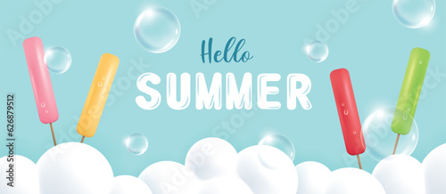 Summer banner with ice pop, cloud and bubble on blue background. Vector illustration for banner, poster, flyer, sale, invitation, discount.