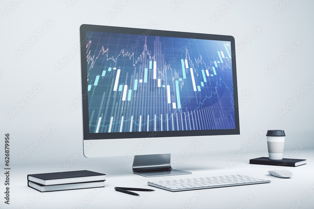 Modern computer display with abstract financial graph, financial and trading concept. 3D Rendering Modern computer display with abstract financial graph, financial and trading concept. 3D Rendering