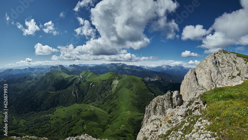 Panorama Big Thach mountain range. Summer landscape Mountain with rocky peak. Russia, Republic of Adygea, Big Thach Nature Park, Caucasus