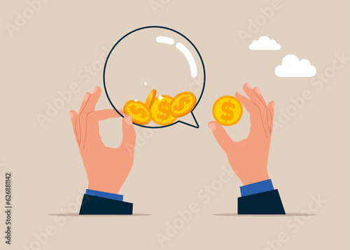Hands keeps speech bubble filled with metal dollar coins. Business, Company, Funds, gold. Money talks. Vector illustration.