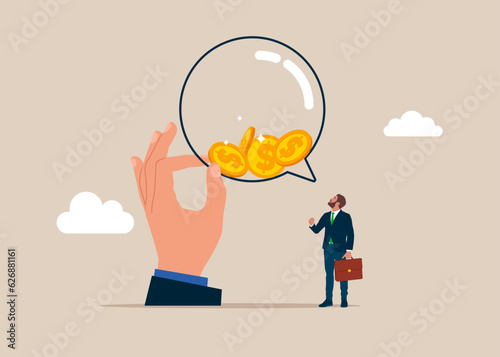 Money talks. Human hands keeps speech bubble filled with metal dollar coins. Business, Company, Funds, gold. Vector illustration.
