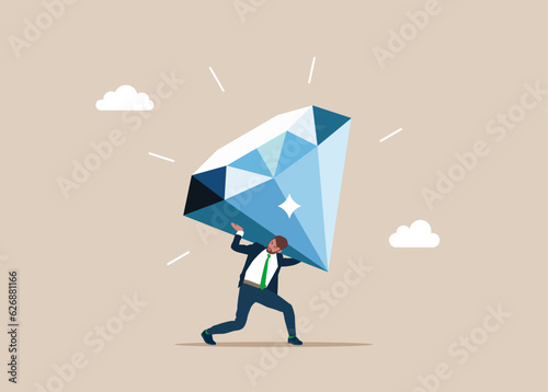 Businessman carrying huge with diamond. Creative energy. Imagination, brilliant idea, insight, dream. Vector illustration