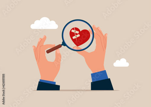 Hands human with magnifying glass and investigate bandage repaired heart shape. Forget and forgive, open for new relationship. Vector illustration