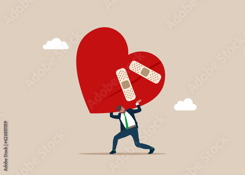 Businessman carrying huge with bandage repaired heart shape. Forget and forgive, open for new relationship. Vector illustration