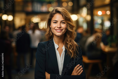Elegance in Business: A pretty smiling businesswoman with brown hair, black blazer and white blouse is standing in a commercial building with her arms crossed. Generative AI