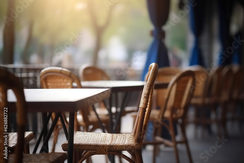 Empty tables in a cafe outdoors, blurred background. Generative AI © lanych