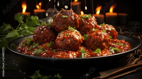 meatballs with melted tomato sauce on a bowl with a black background and blur