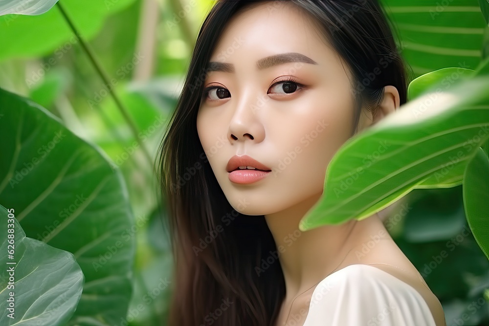 Asian woman model pose for face product at nature and leaf background Asian woman model pose for face product at nature and leaf background