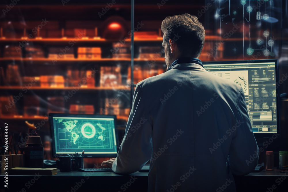 A doctor, from behind, intently studying a patient's chart on a computer screen, with shelves of medical textbooks and supplies in the background. Generative AI A doctor, from behind, intently studying a patient's chart on a computer screen, with shelves of medical textbooks and supplies in the background. Generative AI
