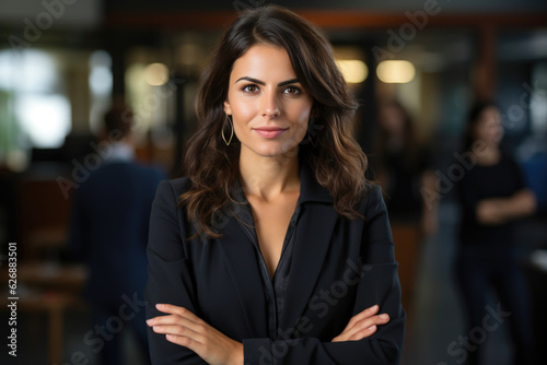 Portrait of a business person - Confident Businesswoman: Pretty young businesswoman with brown hair, anthracite blazer and black top stands with arms crossed in a business building. Generative AI