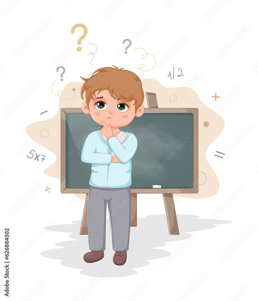 Unlocking the World of Mathematics. Schoolboy Pondering at the Blackboard
