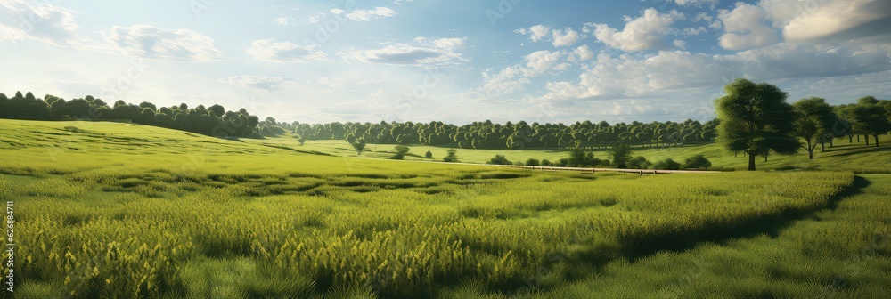 Fototapeta premium Green filed photo realistic illustration - Generative AI.