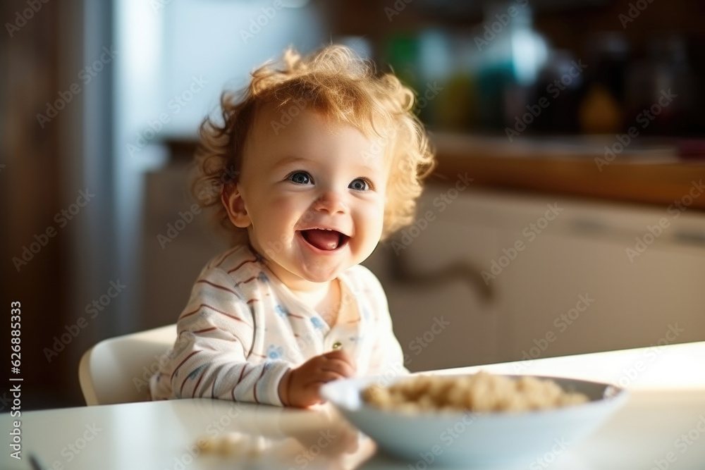 Portrait of happy carefree satisfied joyful kid sitting in feeding chair and eating porridge Portrait of happy carefree satisfied joyful kid sitting in feeding chair and eating porridge
